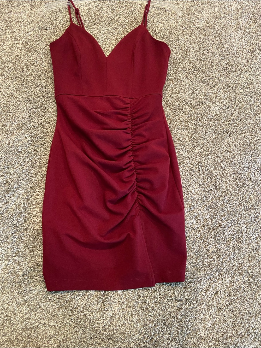 Ruched Burgundy Spaghetti Strap Bodycon Dress